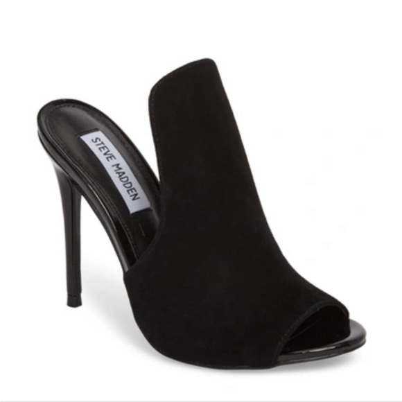 Steve Madden Sinful Heels Black Suede Cut Out Peep Toe Mule Heels Sandals Shoes - Picture 1 of 15